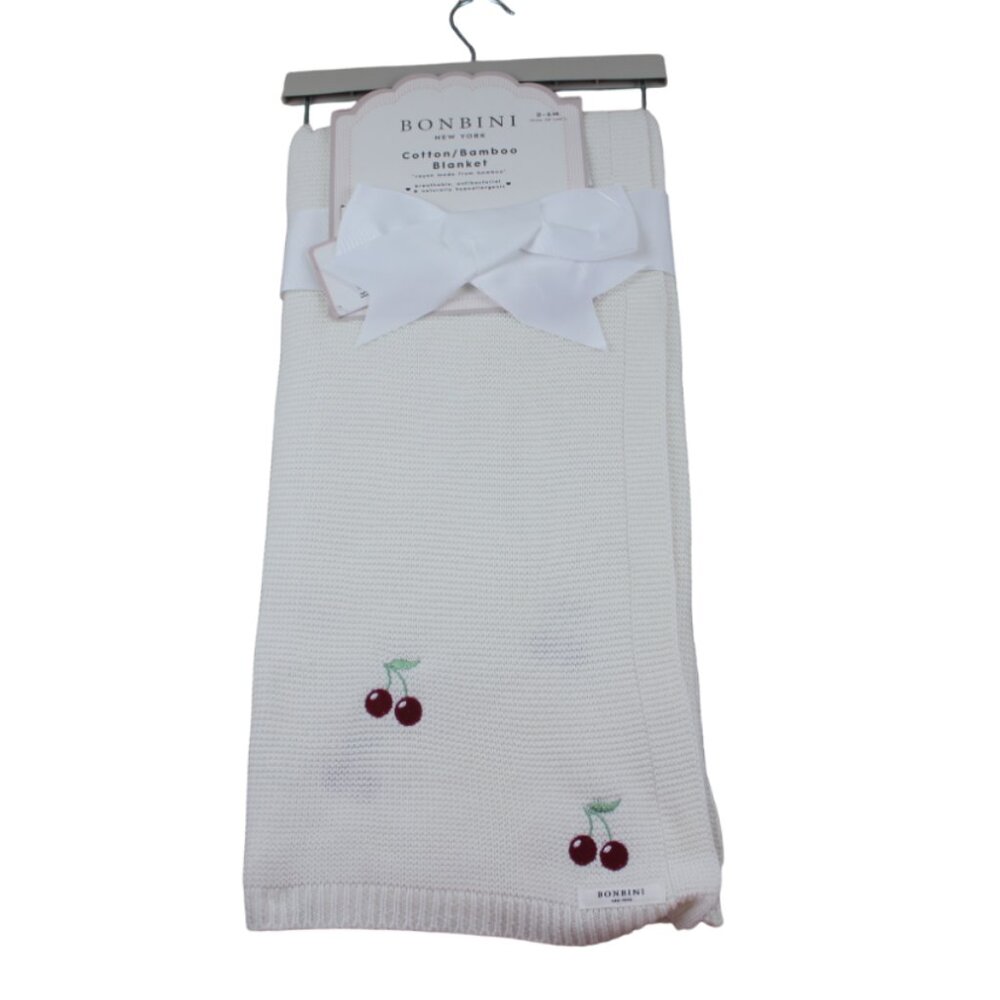 Bonbini NY Ivory Knit Cherry Embroidered Baby Blanket Infant Girls NWT RARE